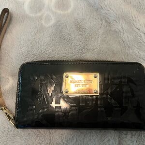 Michael Kors Black Patent Wristlet with Gold Accents
